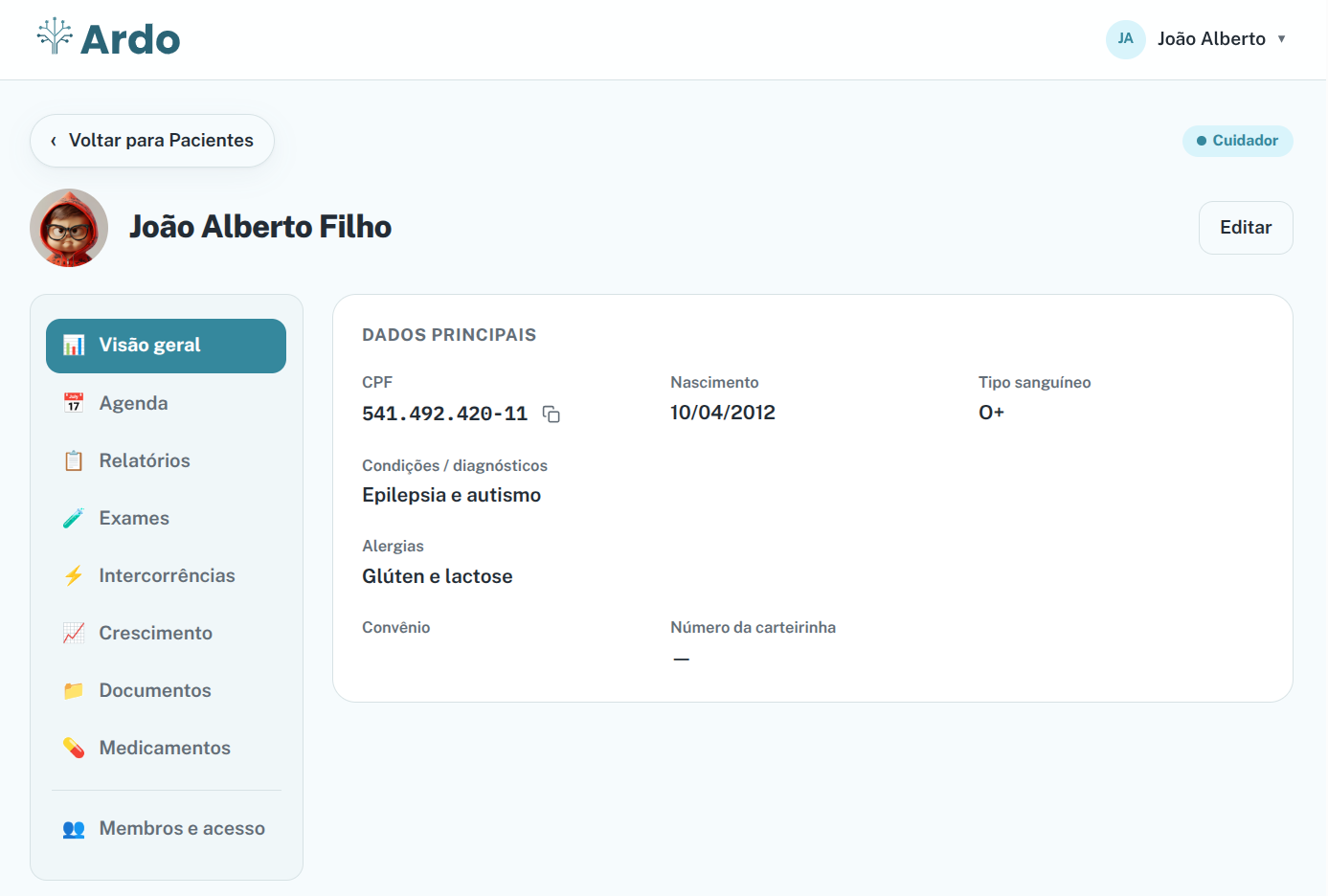 Tela do Ardo mostrando o perfil do paciente, medicamentos em uso, agenda da semana e o gráfico de crescimento